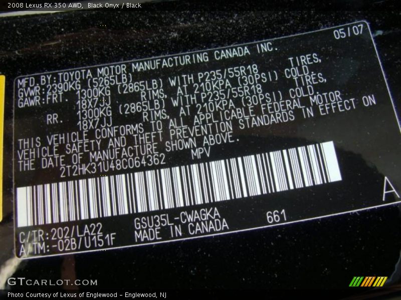 Black Onyx / Black 2008 Lexus RX 350 AWD