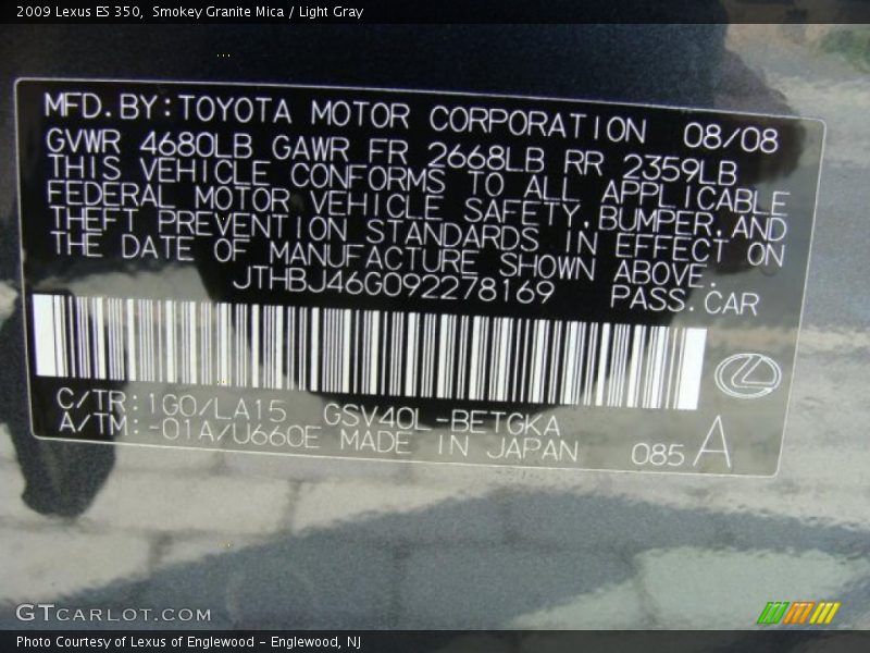 Smokey Granite Mica / Light Gray 2009 Lexus ES 350