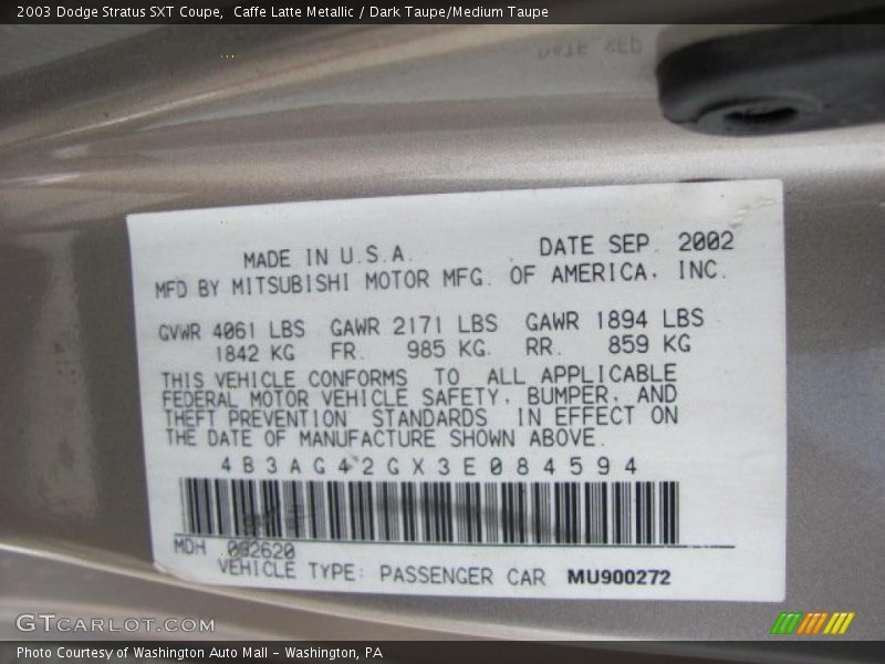 Caffe Latte Metallic / Dark Taupe/Medium Taupe 2003 Dodge Stratus SXT Coupe