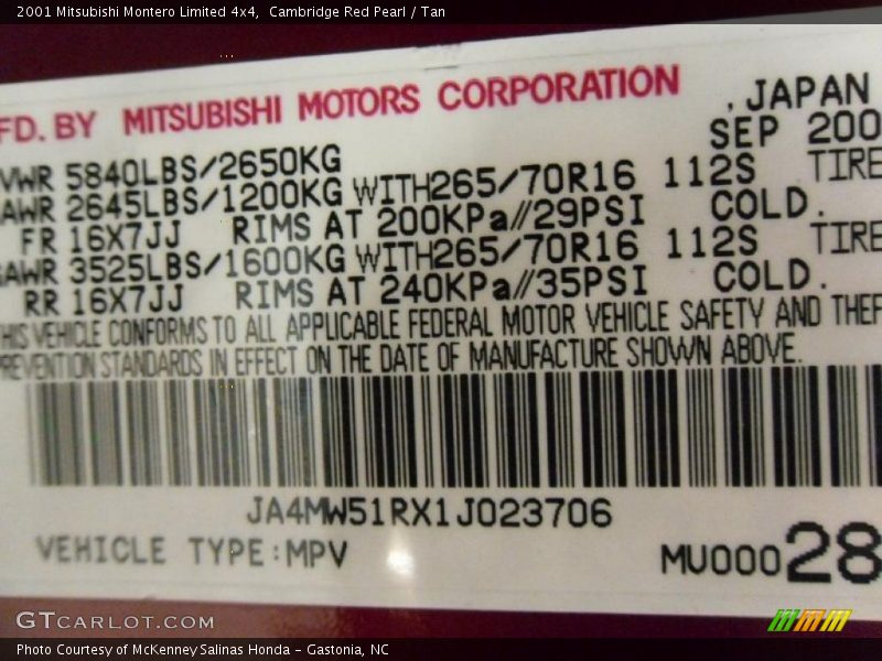 Cambridge Red Pearl / Tan 2001 Mitsubishi Montero Limited 4x4