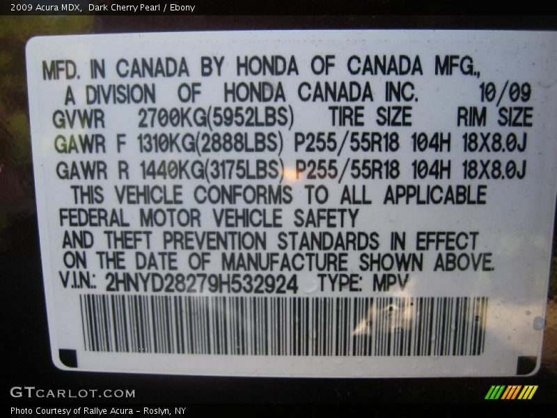 Dark Cherry Pearl / Ebony 2009 Acura MDX