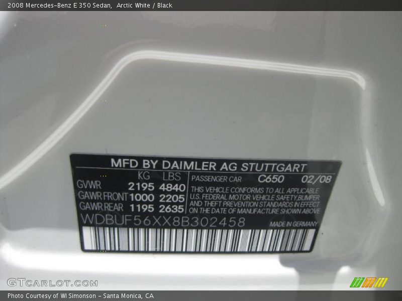 Arctic White / Black 2008 Mercedes-Benz E 350 Sedan