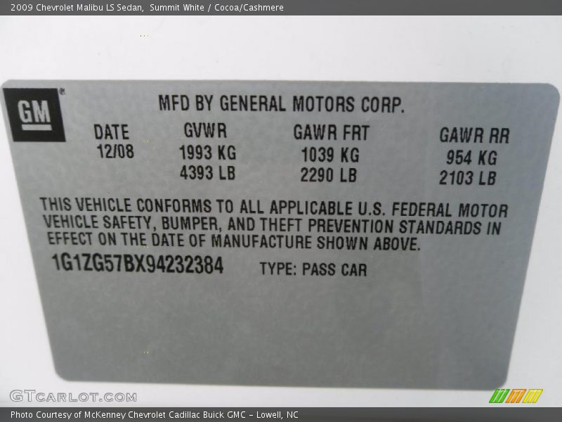 Summit White / Cocoa/Cashmere 2009 Chevrolet Malibu LS Sedan