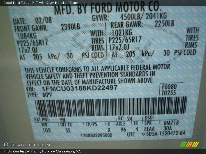 Silver Metallic / Stone 2008 Ford Escape XLT V6