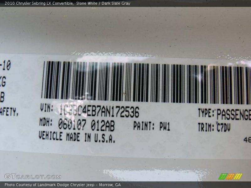 Stone White / Dark Slate Gray 2010 Chrysler Sebring LX Convertible