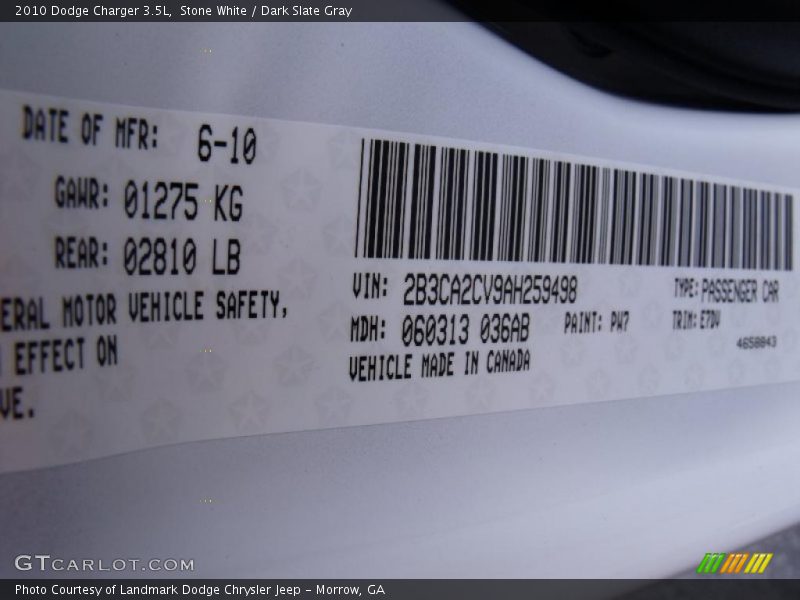 Stone White / Dark Slate Gray 2010 Dodge Charger 3.5L