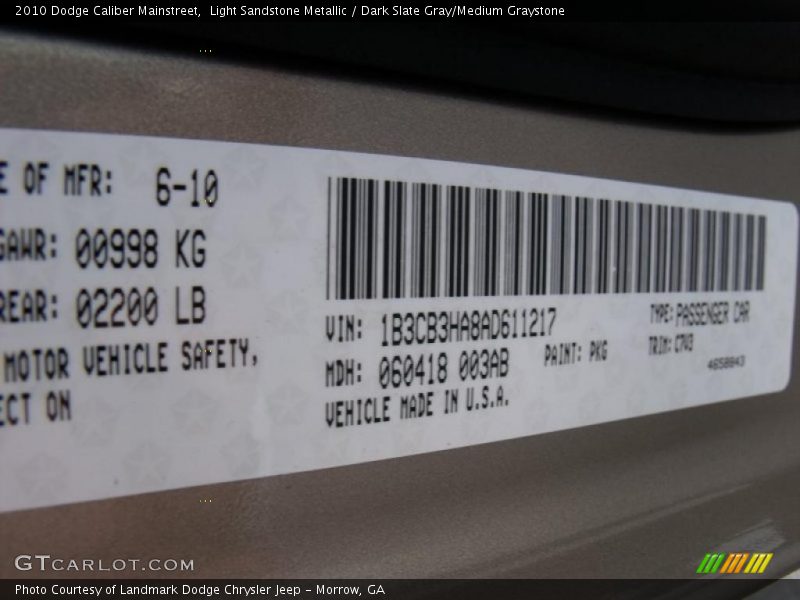2010 Caliber Mainstreet Light Sandstone Metallic Color Code PKG