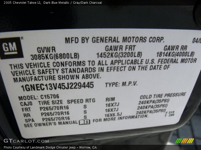 Dark Blue Metallic / Gray/Dark Charcoal 2005 Chevrolet Tahoe LS
