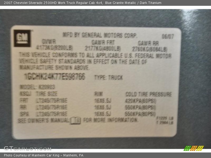 Blue Granite Metallic / Dark Titanium 2007 Chevrolet Silverado 2500HD Work Truck Regular Cab 4x4