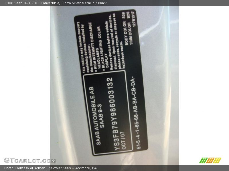 Snow Silver Metallic / Black 2008 Saab 9-3 2.0T Convertible