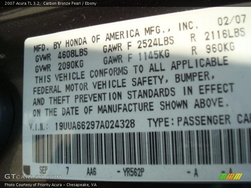 Carbon Bronze Pearl / Ebony 2007 Acura TL 3.2