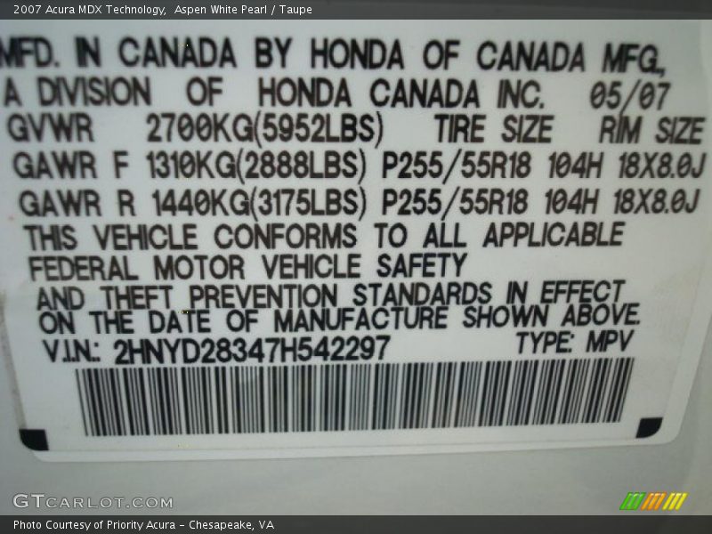 Aspen White Pearl / Taupe 2007 Acura MDX Technology