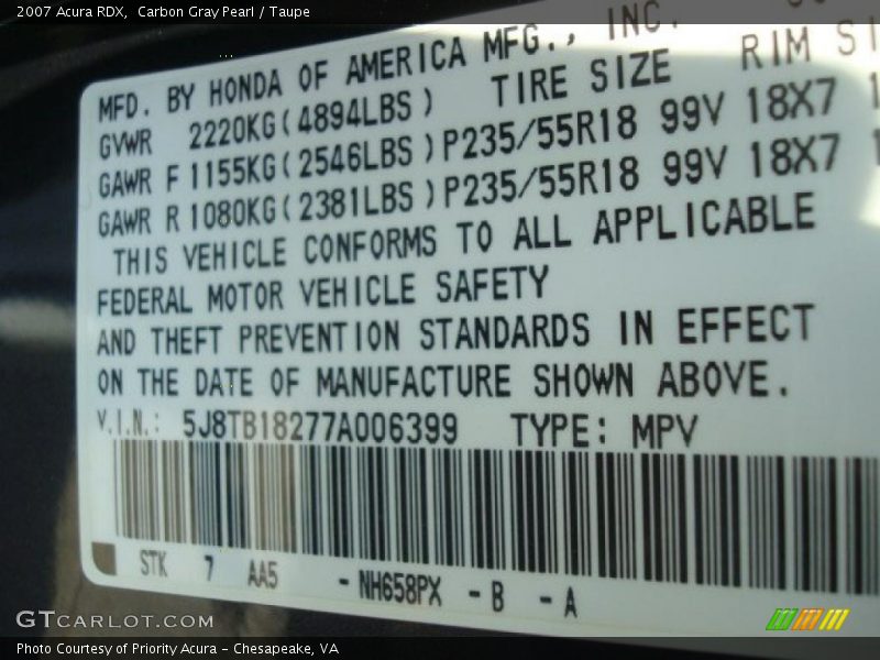 Carbon Gray Pearl / Taupe 2007 Acura RDX
