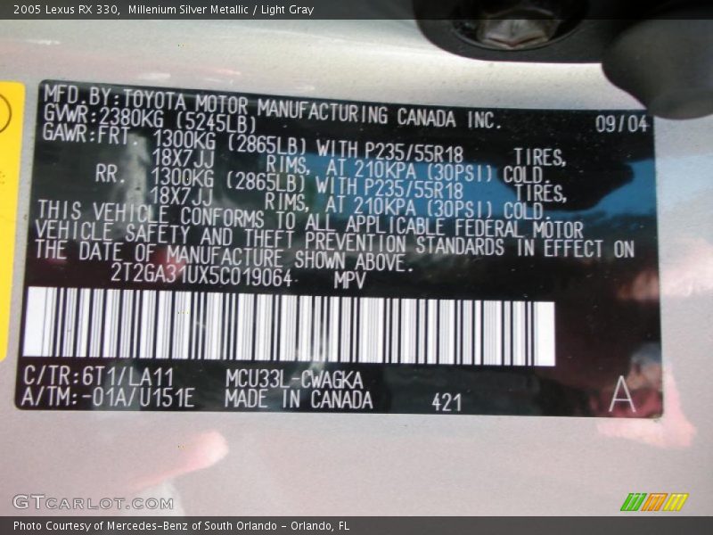 Millenium Silver Metallic / Light Gray 2005 Lexus RX 330