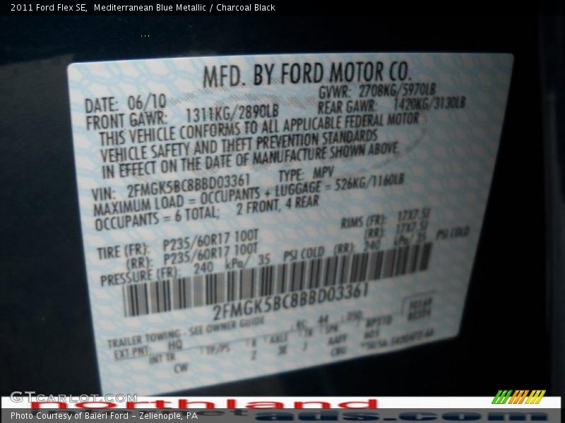 Mediterranean Blue Metallic / Charcoal Black 2011 Ford Flex SE