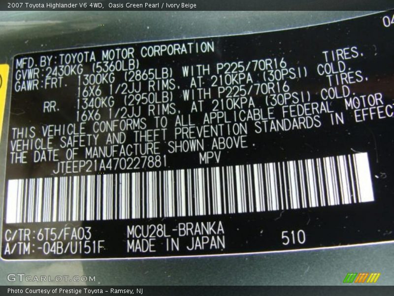 Oasis Green Pearl / Ivory Beige 2007 Toyota Highlander V6 4WD