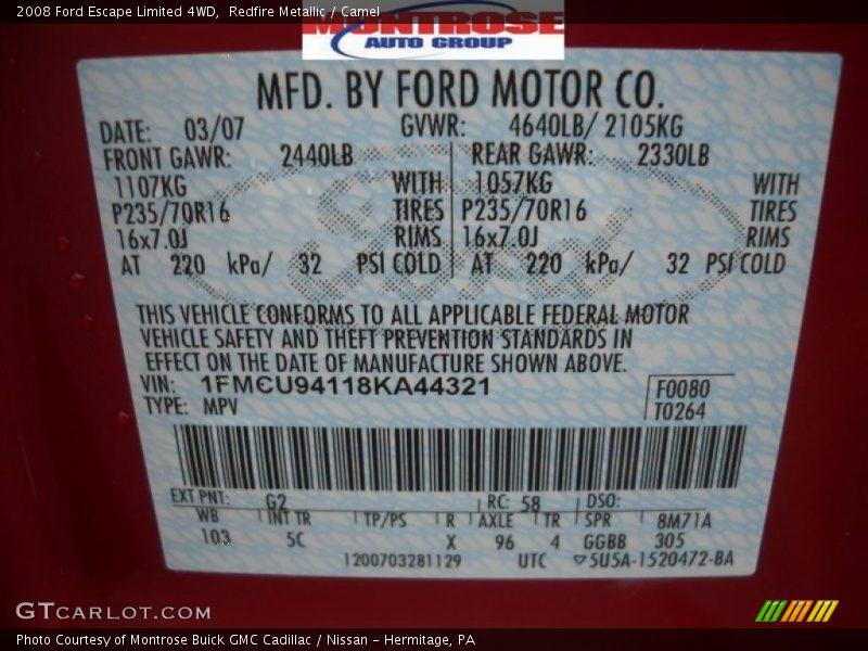 Redfire Metallic / Camel 2008 Ford Escape Limited 4WD