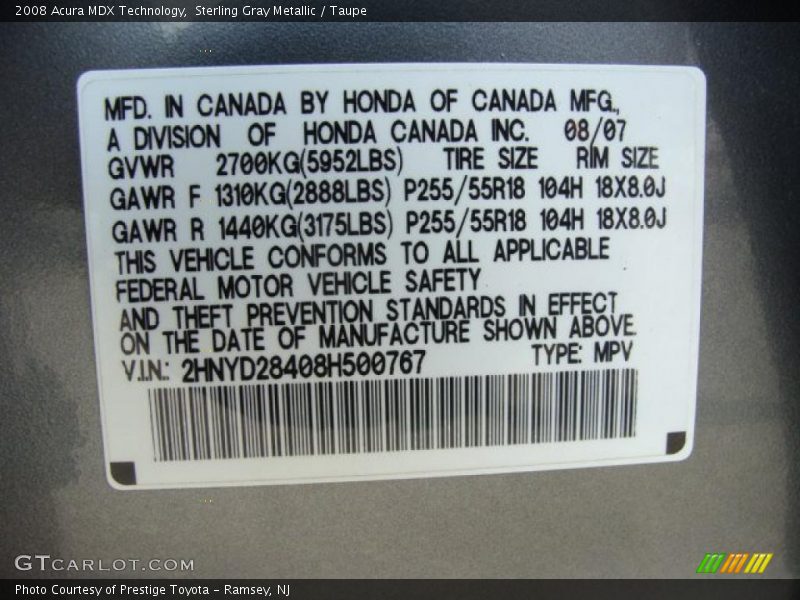 Sterling Gray Metallic / Taupe 2008 Acura MDX Technology
