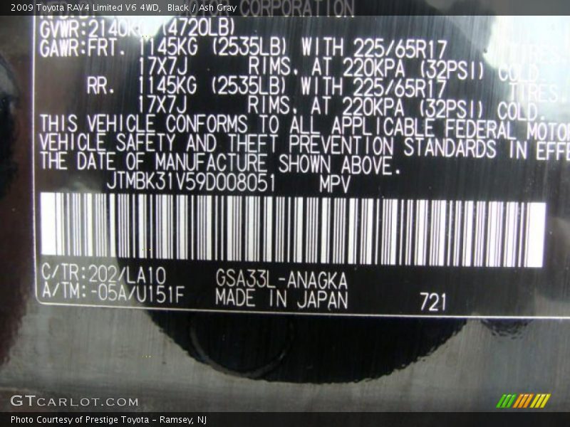 Black / Ash Gray 2009 Toyota RAV4 Limited V6 4WD