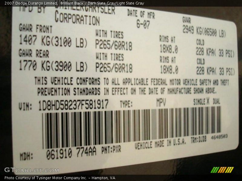 Brilliant Black / Dark Slate Gray/Light Slate Gray 2007 Dodge Durango Limited