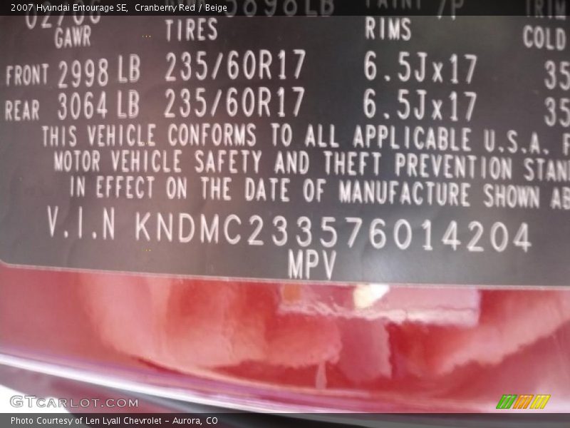 Cranberry Red / Beige 2007 Hyundai Entourage SE
