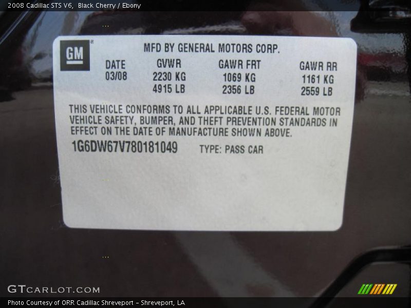 Black Cherry / Ebony 2008 Cadillac STS V6