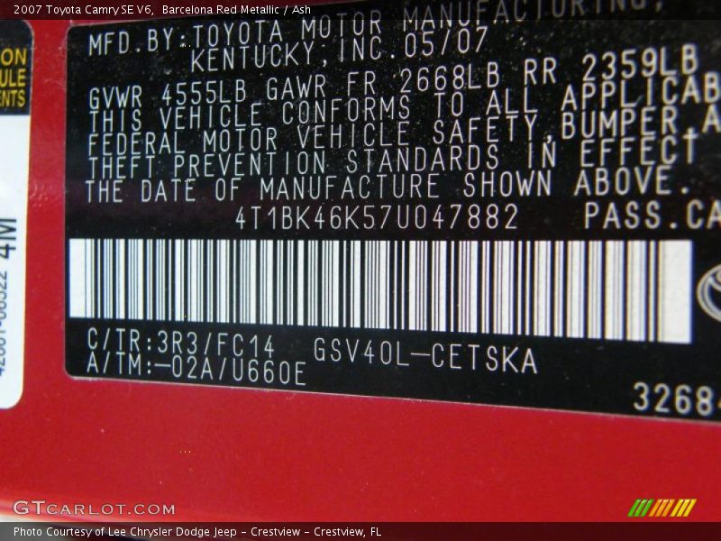 Barcelona Red Metallic / Ash 2007 Toyota Camry SE V6
