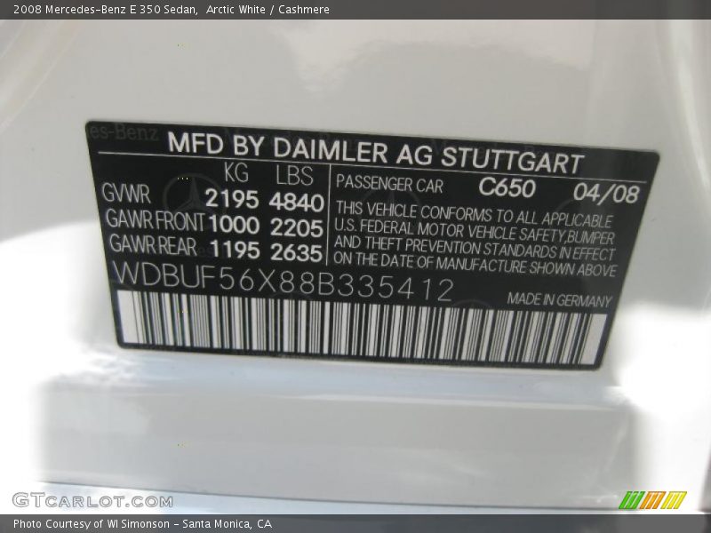 Arctic White / Cashmere 2008 Mercedes-Benz E 350 Sedan