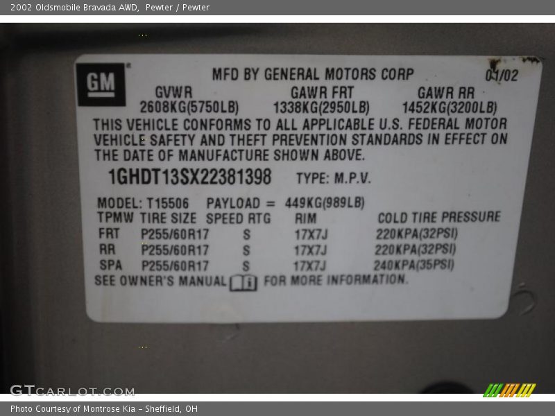 Pewter / Pewter 2002 Oldsmobile Bravada AWD