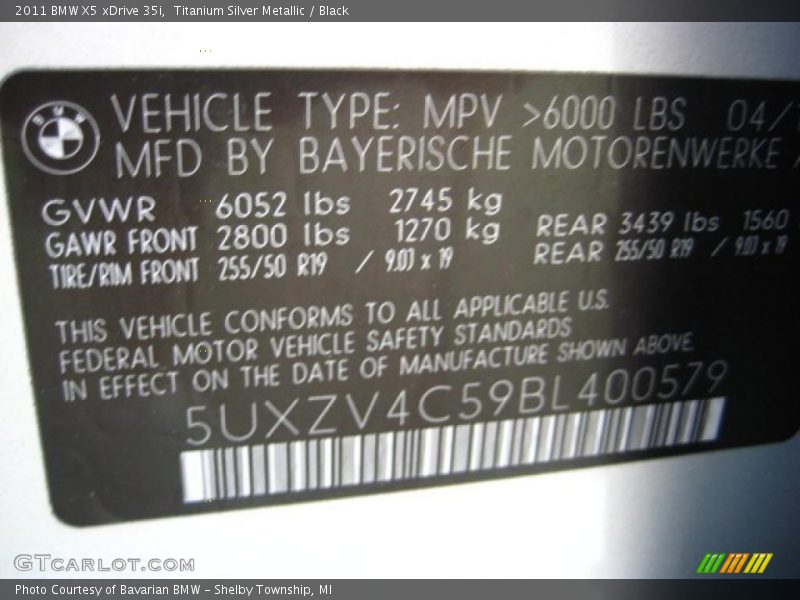 Titanium Silver Metallic / Black 2011 BMW X5 xDrive 35i