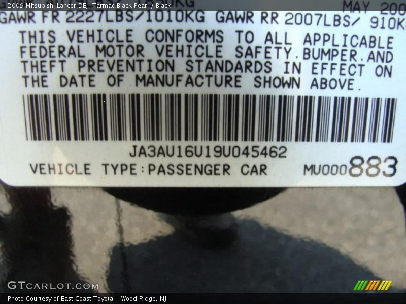 Tarmac Black Pearl / Black 2009 Mitsubishi Lancer DE