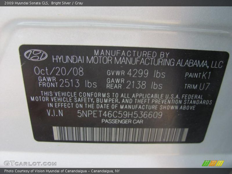 Bright Silver / Gray 2009 Hyundai Sonata GLS
