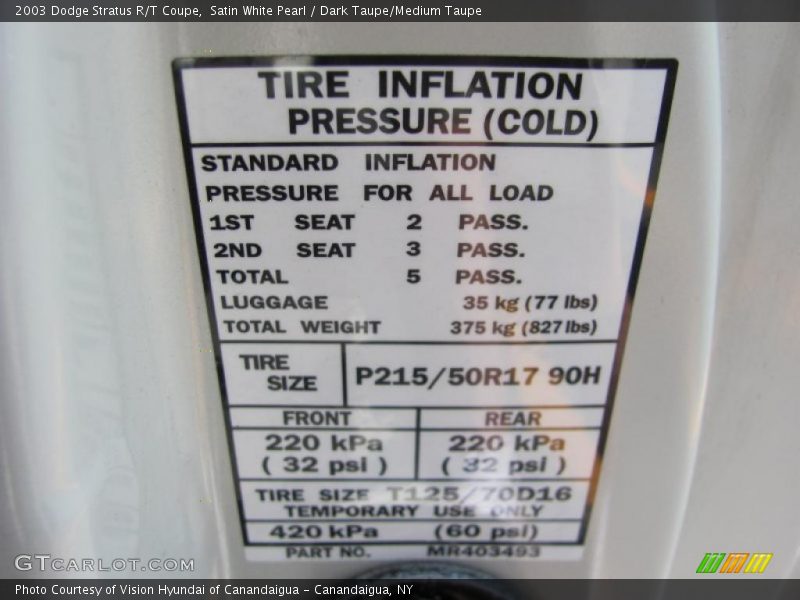 Satin White Pearl / Dark Taupe/Medium Taupe 2003 Dodge Stratus R/T Coupe