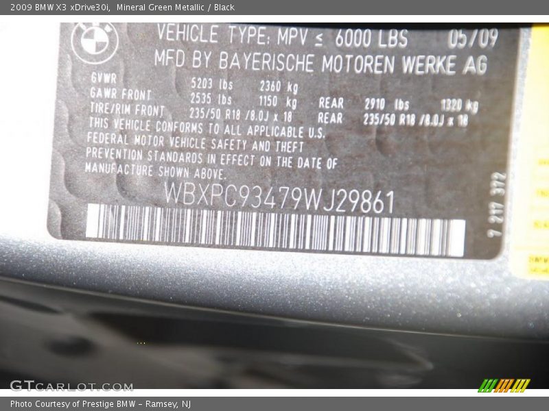 Mineral Green Metallic / Black 2009 BMW X3 xDrive30i