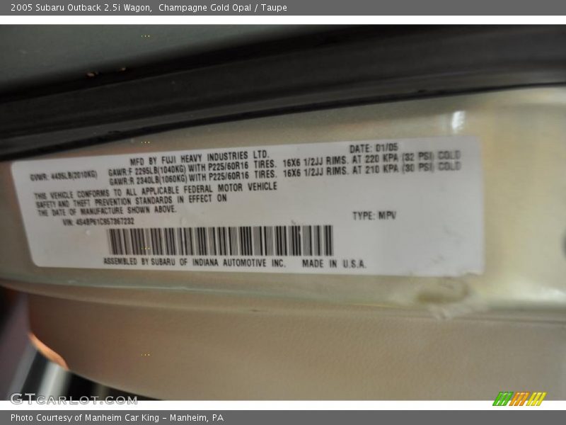 Champagne Gold Opal / Taupe 2005 Subaru Outback 2.5i Wagon