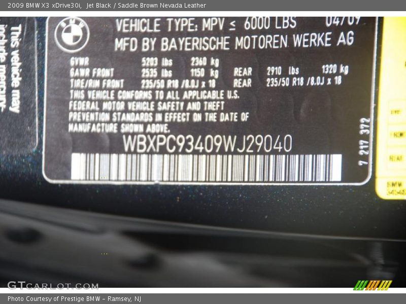 Jet Black / Saddle Brown Nevada Leather 2009 BMW X3 xDrive30i