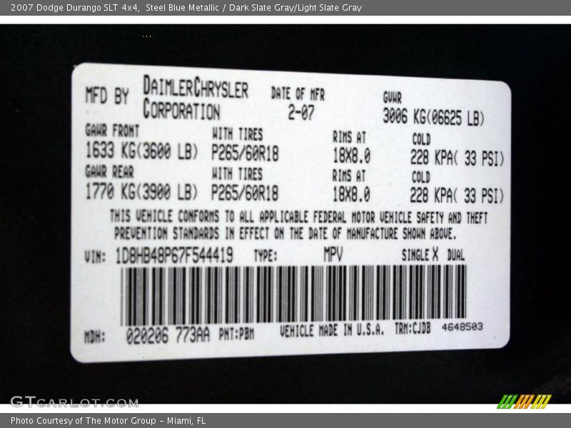 Steel Blue Metallic / Dark Slate Gray/Light Slate Gray 2007 Dodge Durango SLT 4x4