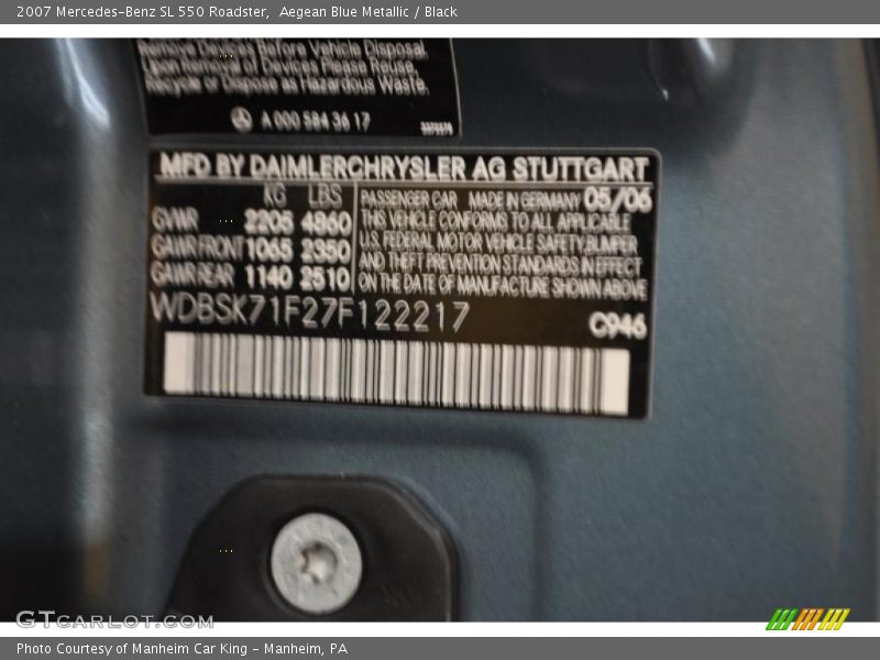 Aegean Blue Metallic / Black 2007 Mercedes-Benz SL 550 Roadster