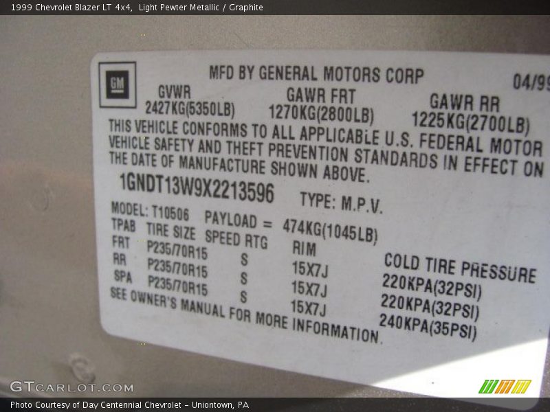 Light Pewter Metallic / Graphite 1999 Chevrolet Blazer LT 4x4