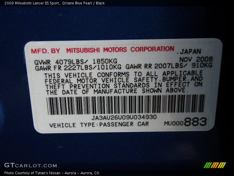 Octane Blue Pearl / Black 2009 Mitsubishi Lancer ES Sport