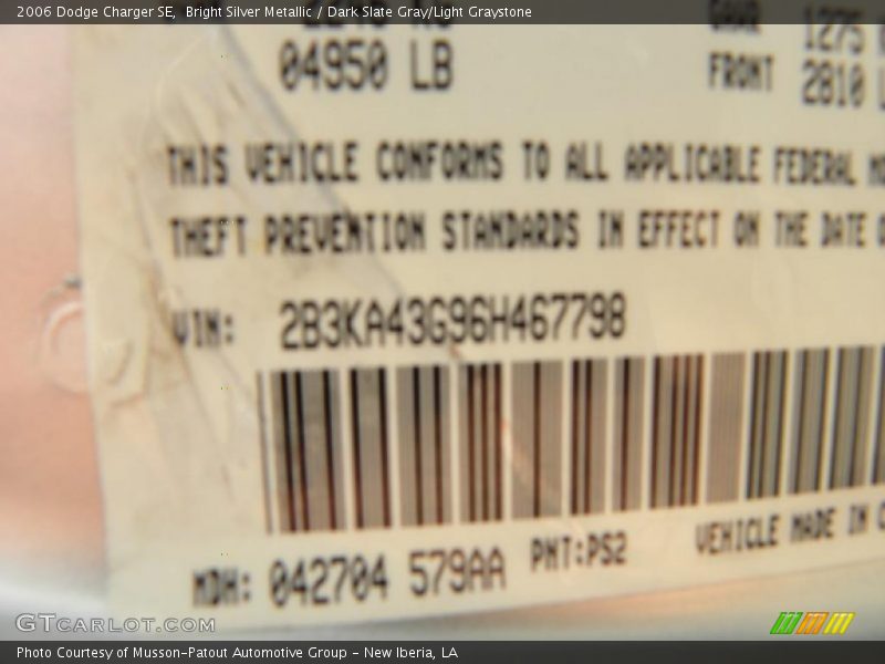 Bright Silver Metallic / Dark Slate Gray/Light Graystone 2006 Dodge Charger SE