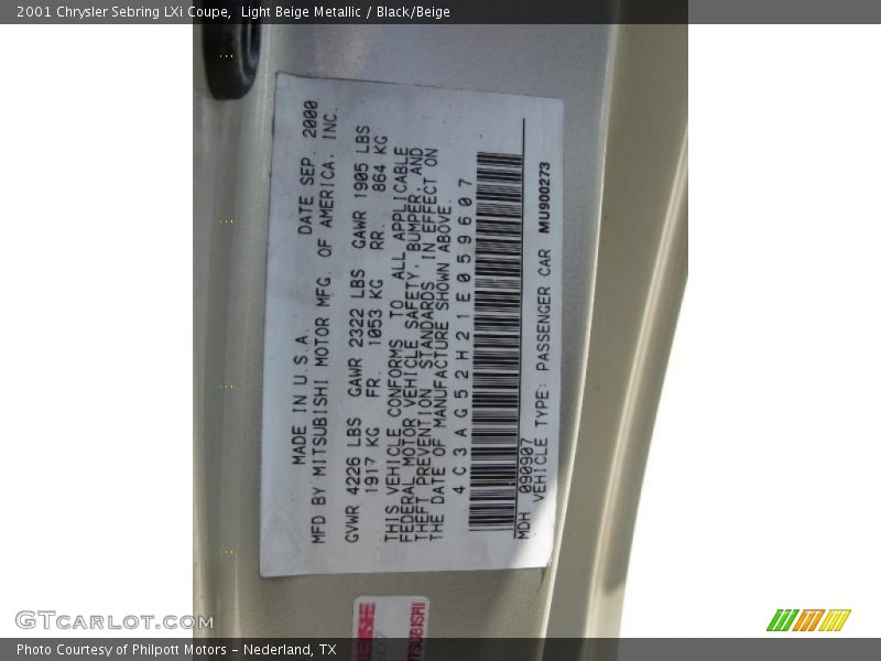 Light Beige Metallic / Black/Beige 2001 Chrysler Sebring LXi Coupe