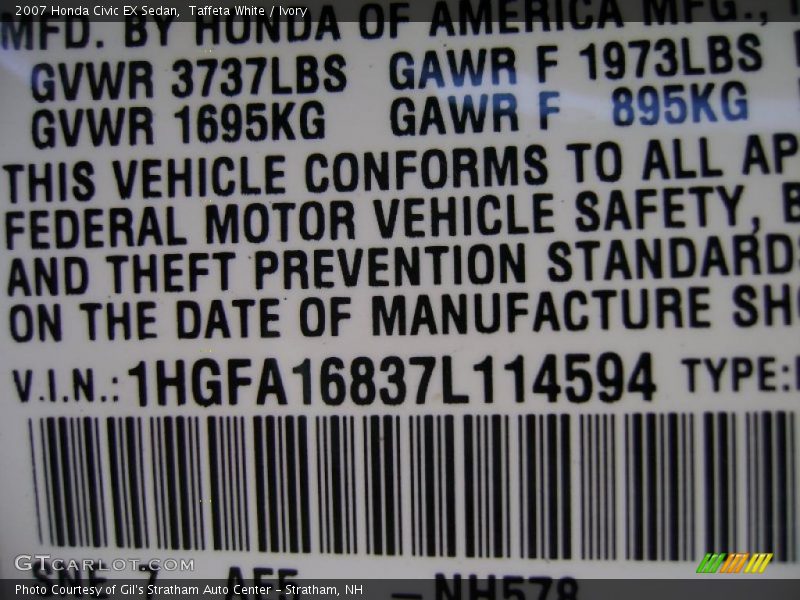 Taffeta White / Ivory 2007 Honda Civic EX Sedan