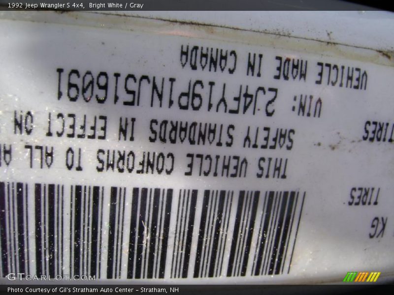 Bright White / Gray 1992 Jeep Wrangler S 4x4