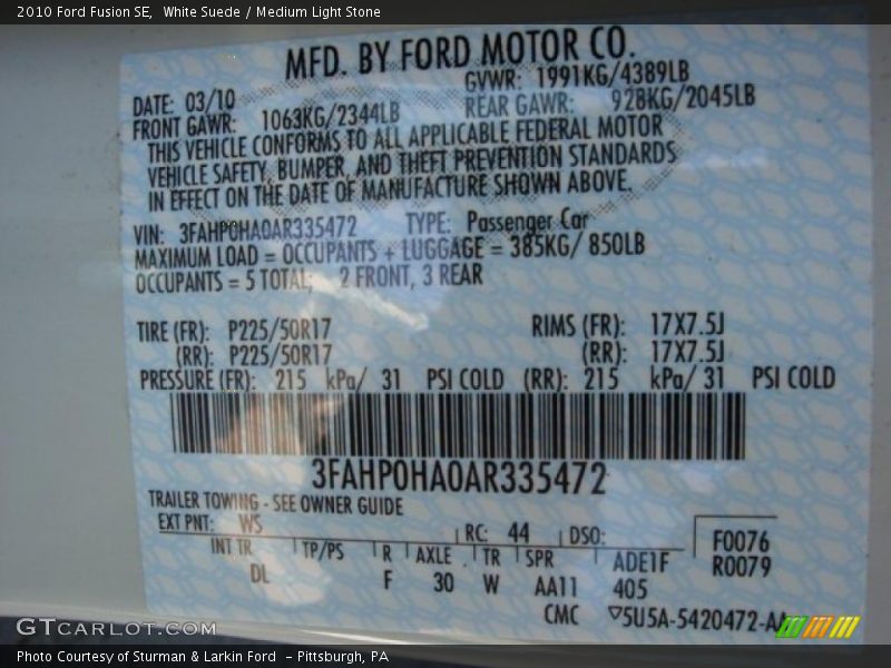 White Suede / Medium Light Stone 2010 Ford Fusion SE