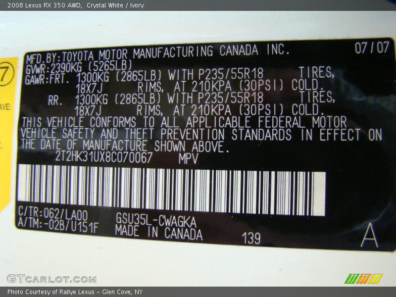 Crystal White / Ivory 2008 Lexus RX 350 AWD