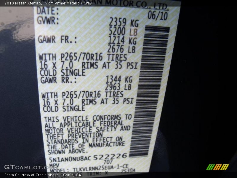 Night Armor Metallic / Gray 2010 Nissan Xterra S