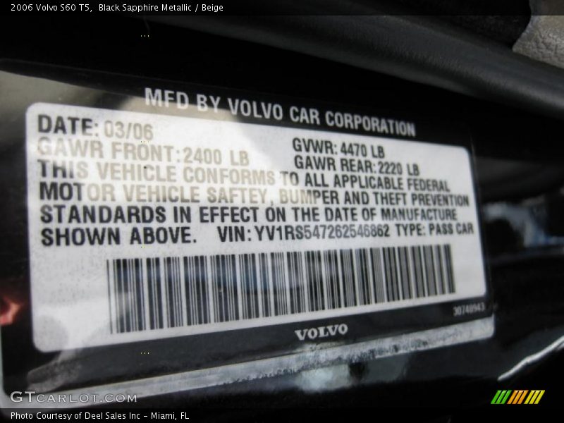 Black Sapphire Metallic / Beige 2006 Volvo S60 T5