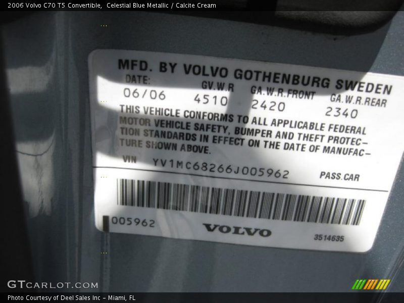 Celestial Blue Metallic / Calcite Cream 2006 Volvo C70 T5 Convertible