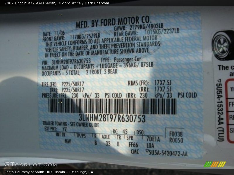 Oxford White / Dark Charcoal 2007 Lincoln MKZ AWD Sedan